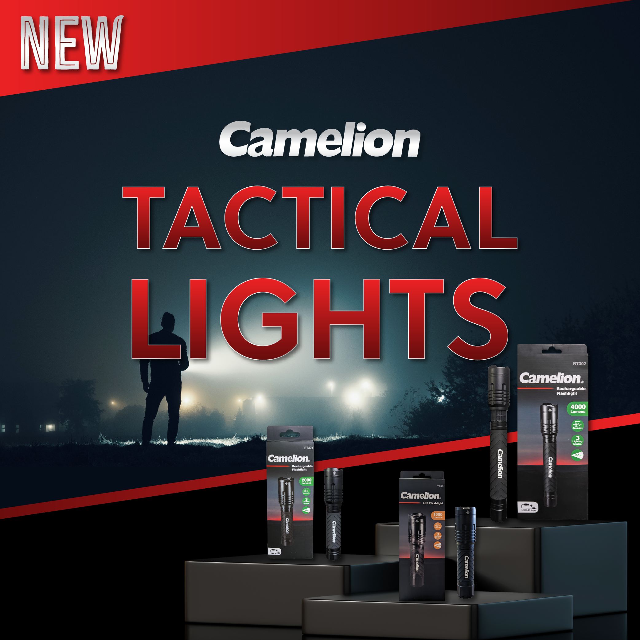 Camelion T258 1000LM LED Flashlight showcasing its durable aluminum body and adjustable focus beam.